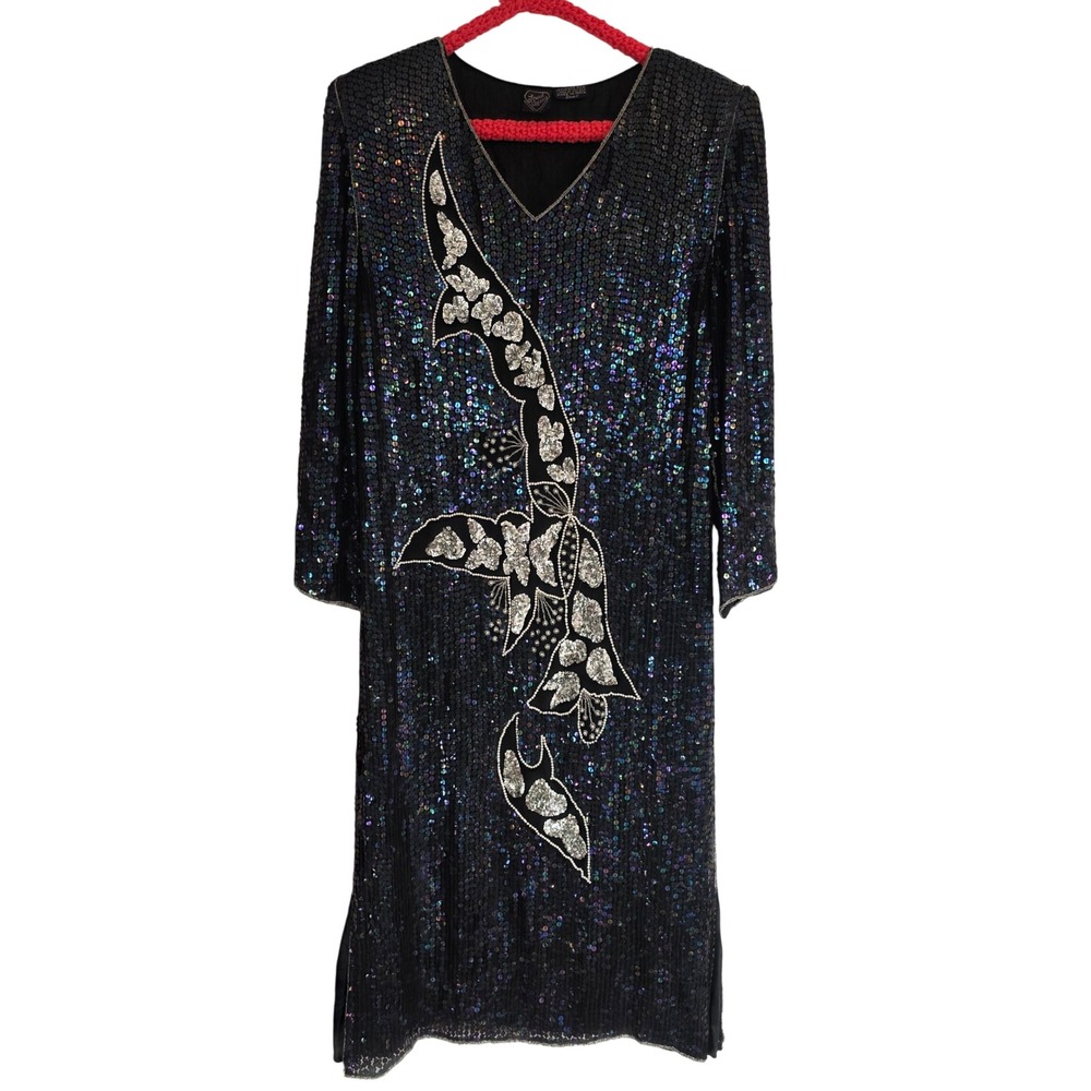 Jewel Queen Black Iridescent Sequin V Neck Long Sleeve Dress Small